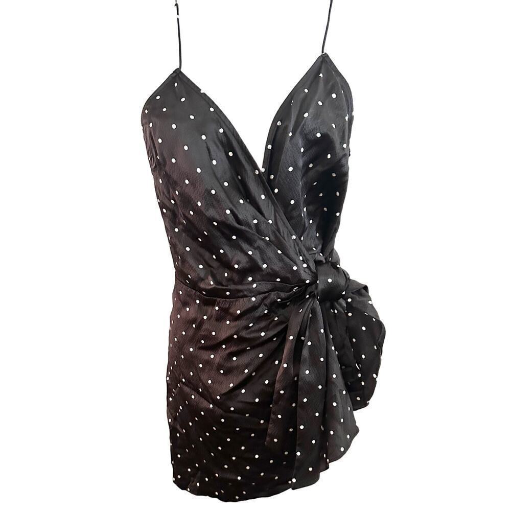 THURLEY Black Silk Polka Dot Asymmetric V Neck Top Side-Tie - Sz 8